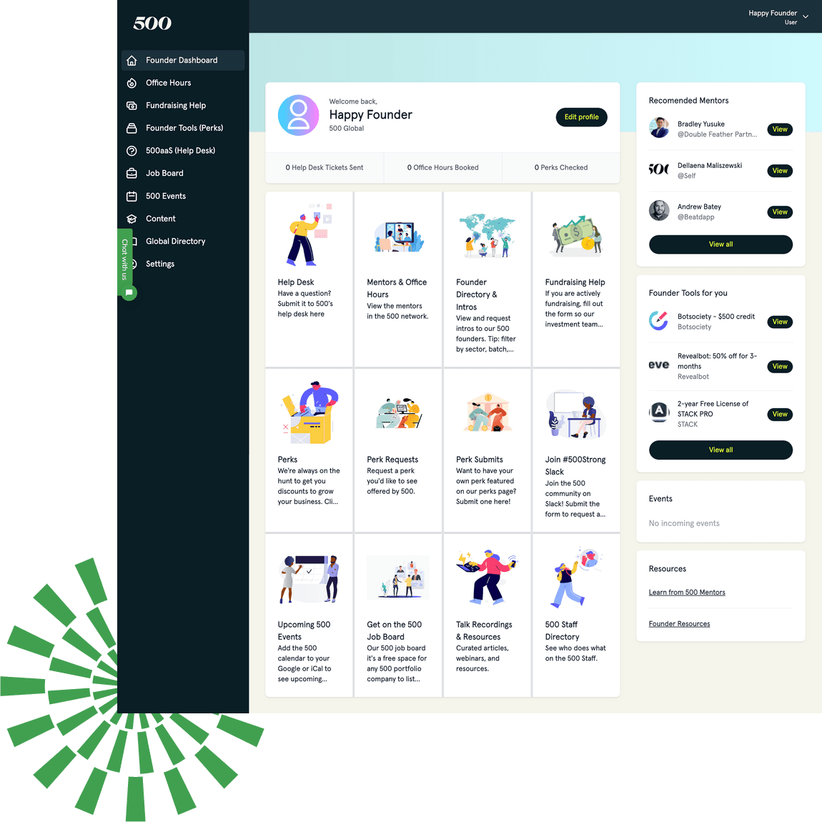 The FounderHub dashboard: mentors, perks, events and fundraising in one place