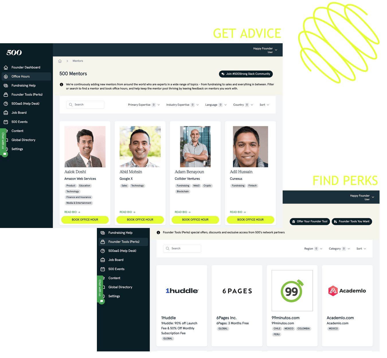 Perks, mentors and events inside FounderHub